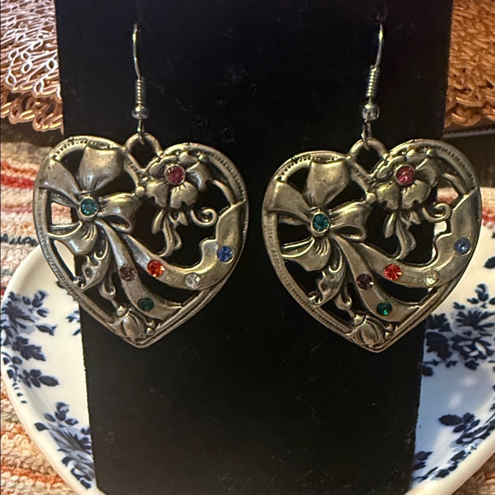 Intricate Silver Heart Earrings with Colorful Accents
